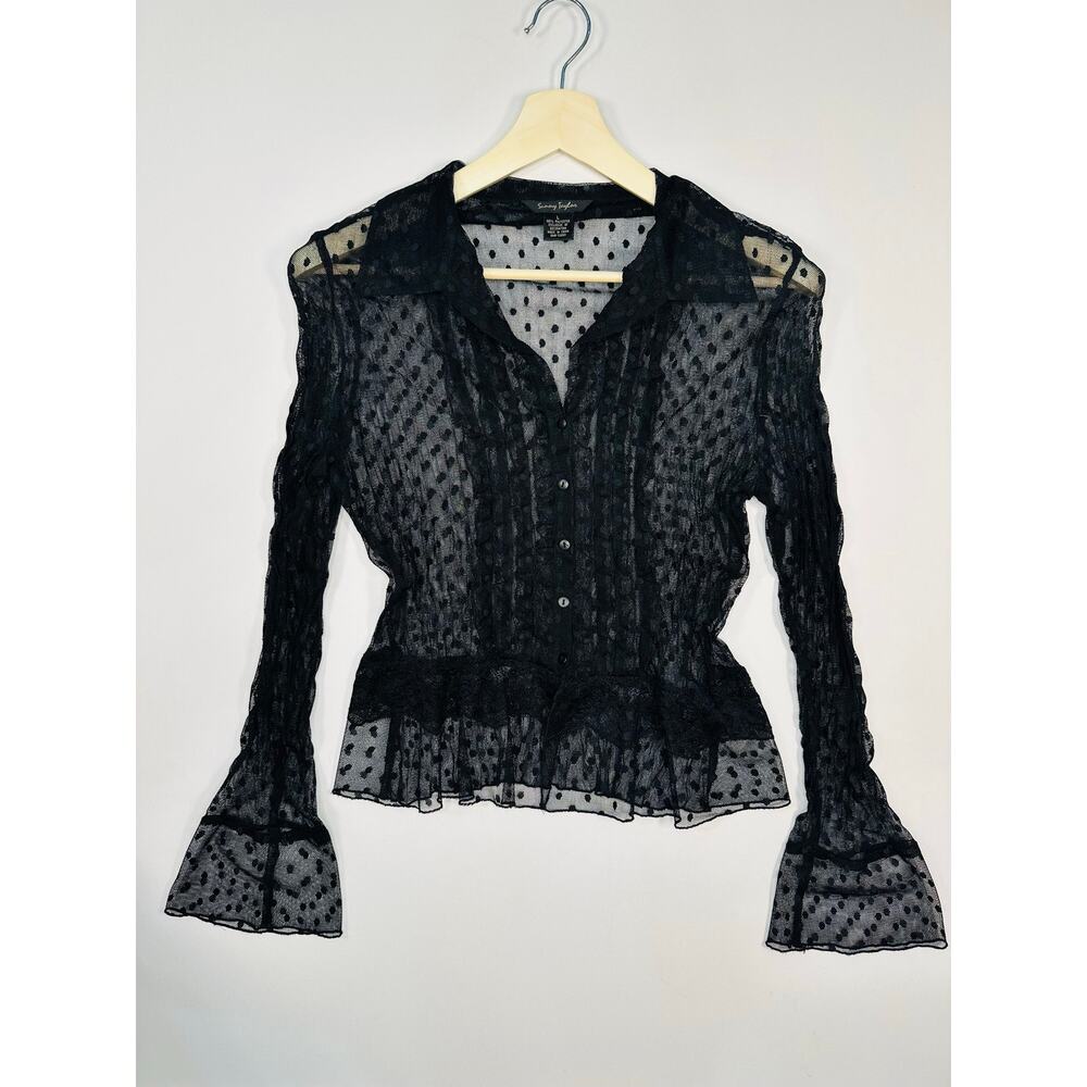 Sunny Taylor Black Dotted Mesh Ruffle Bliuse with Peplum Wasit and Bell Sleeves